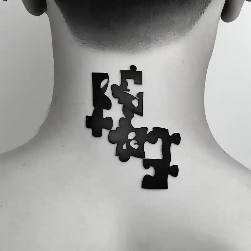 side of the neck puzzle piece tattoo where one of the pieces says Rella half sleeve tattoo designs for men